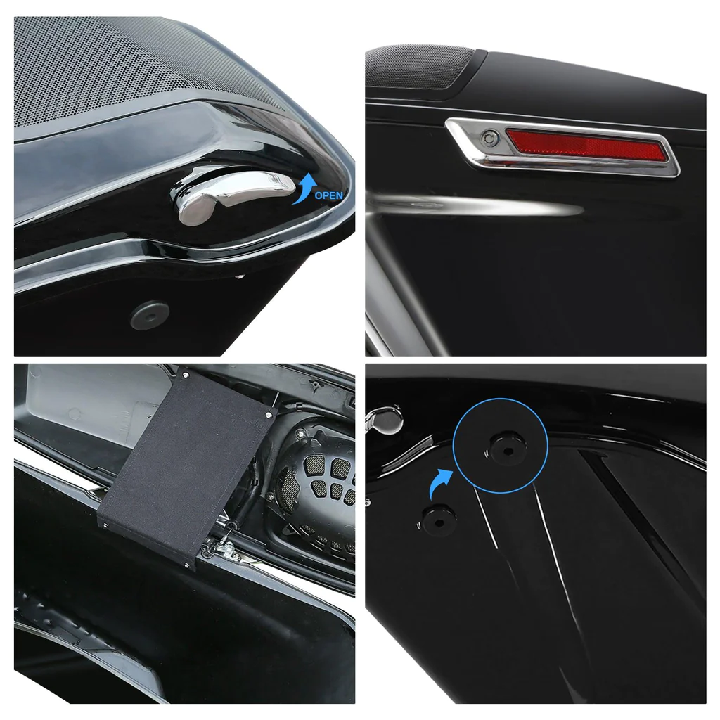 Saddlebags extended chrome latches and speaker 5"x7" holes glossy black CVO Touring 14–23 - Image 9